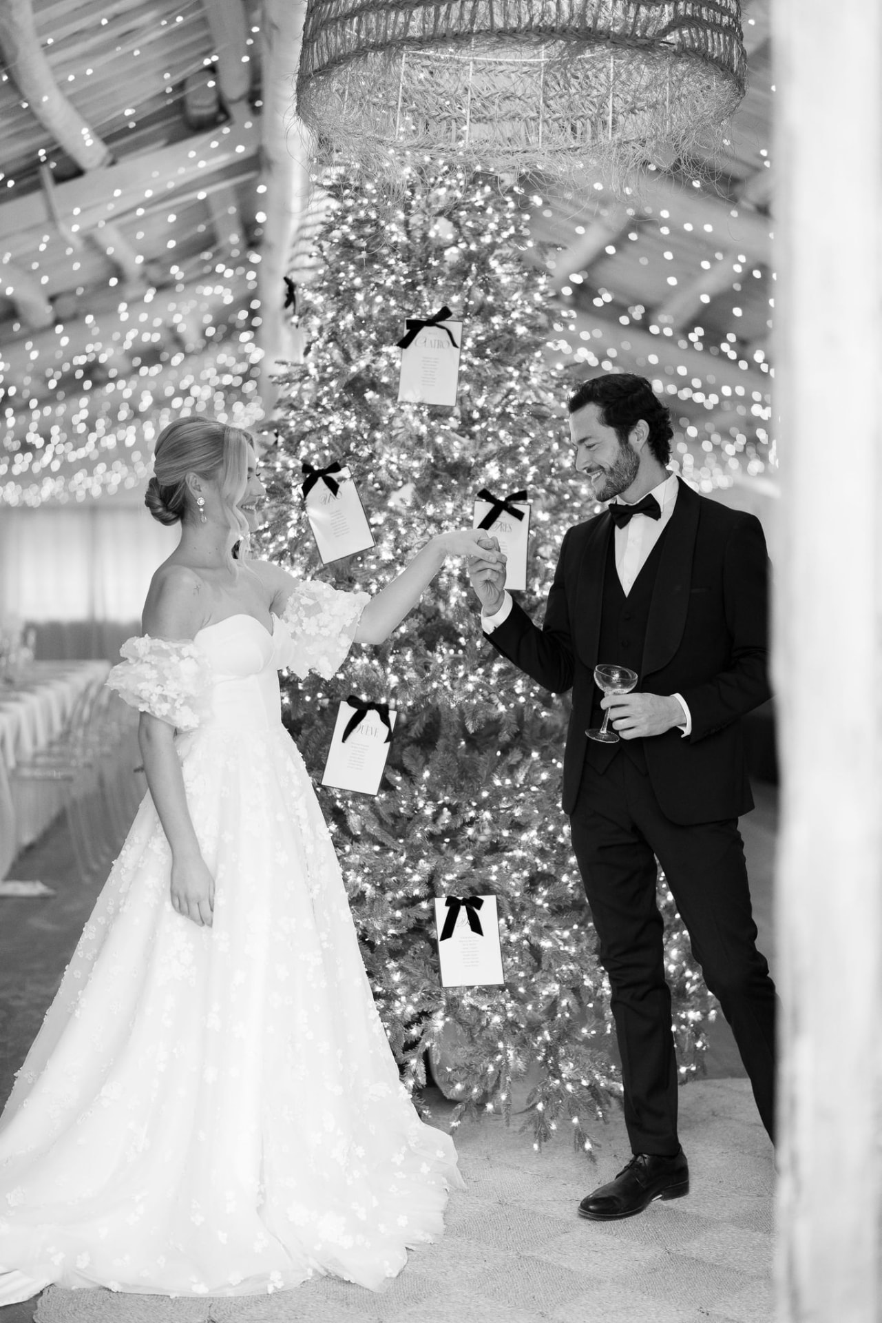 Novios brindando en un banquete iluminado con luces